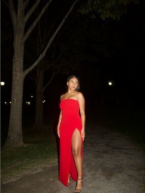 Meshki Strapless Red High-Slit Gown
